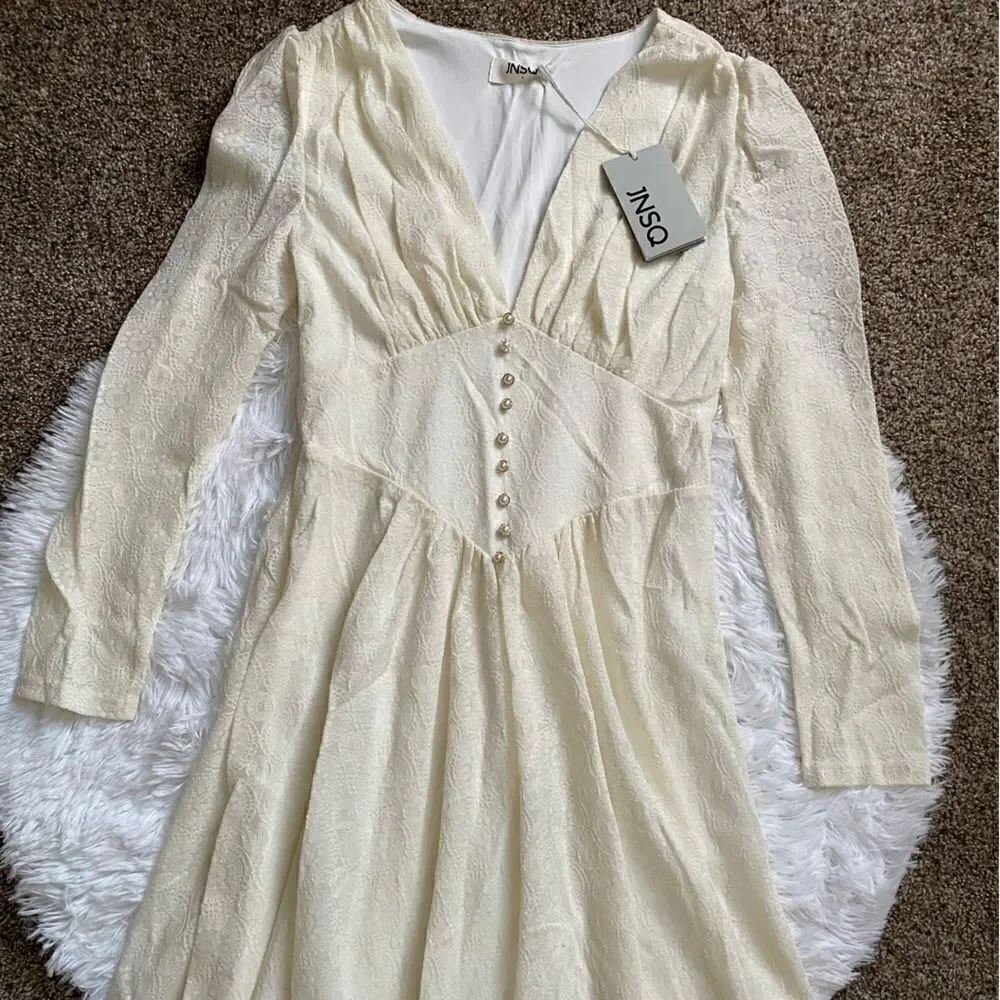 JNSQ Dress Cream Long Sleeve Wool Blend Maxi Cottage‎ Core Farmhouse Prairie 6